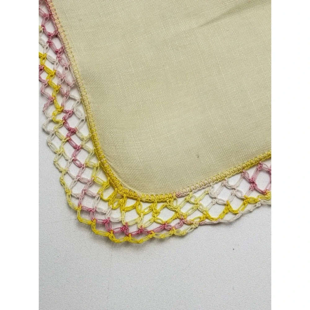 Vintage Linen Handkerchief Set 2 Tatting Lace Trim Pink Yellow Wedding Hankies